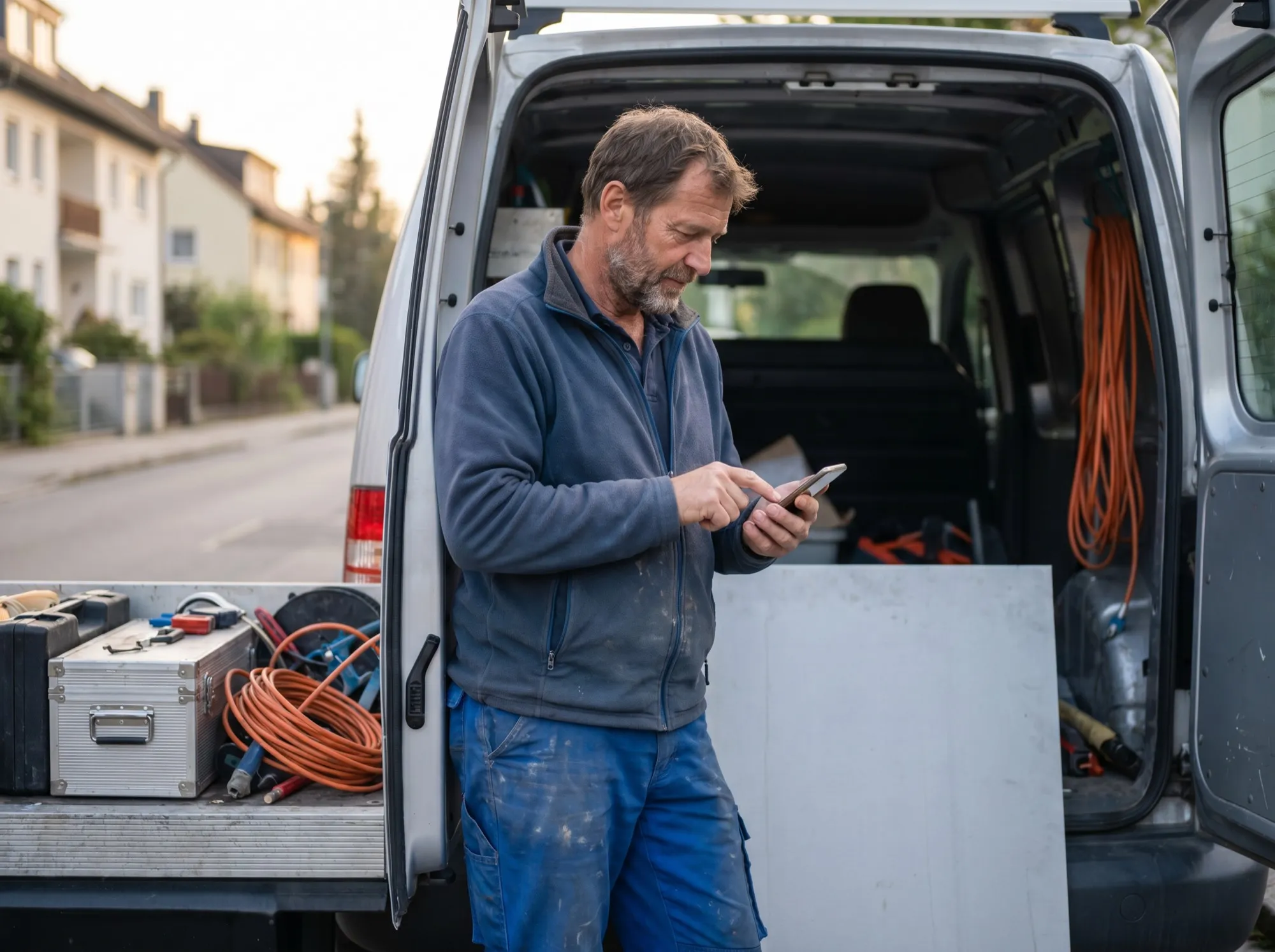 Handwerker am offenen Firmenwagen tippt auf seinem Handy