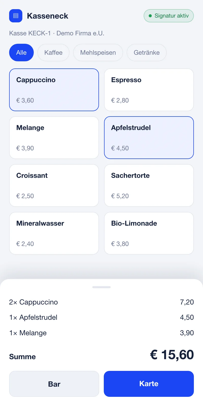 Mobile Kassenansicht mit Produkt-Kacheln und Summe (Demodaten)