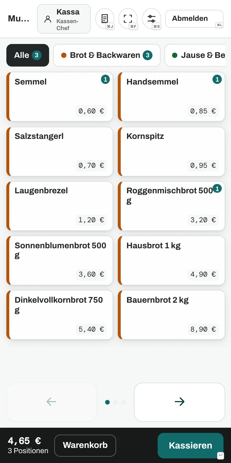 Mobile Kassenansicht mit Produkt-Kacheln und Summe (Demodaten)