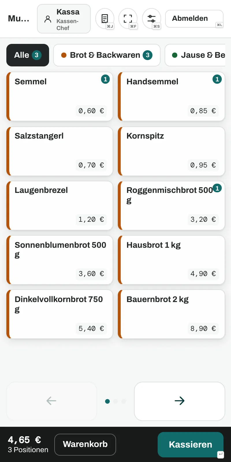 Kasseneck am Handy: Artikelübersicht mit Preisen und der Taste Kassieren