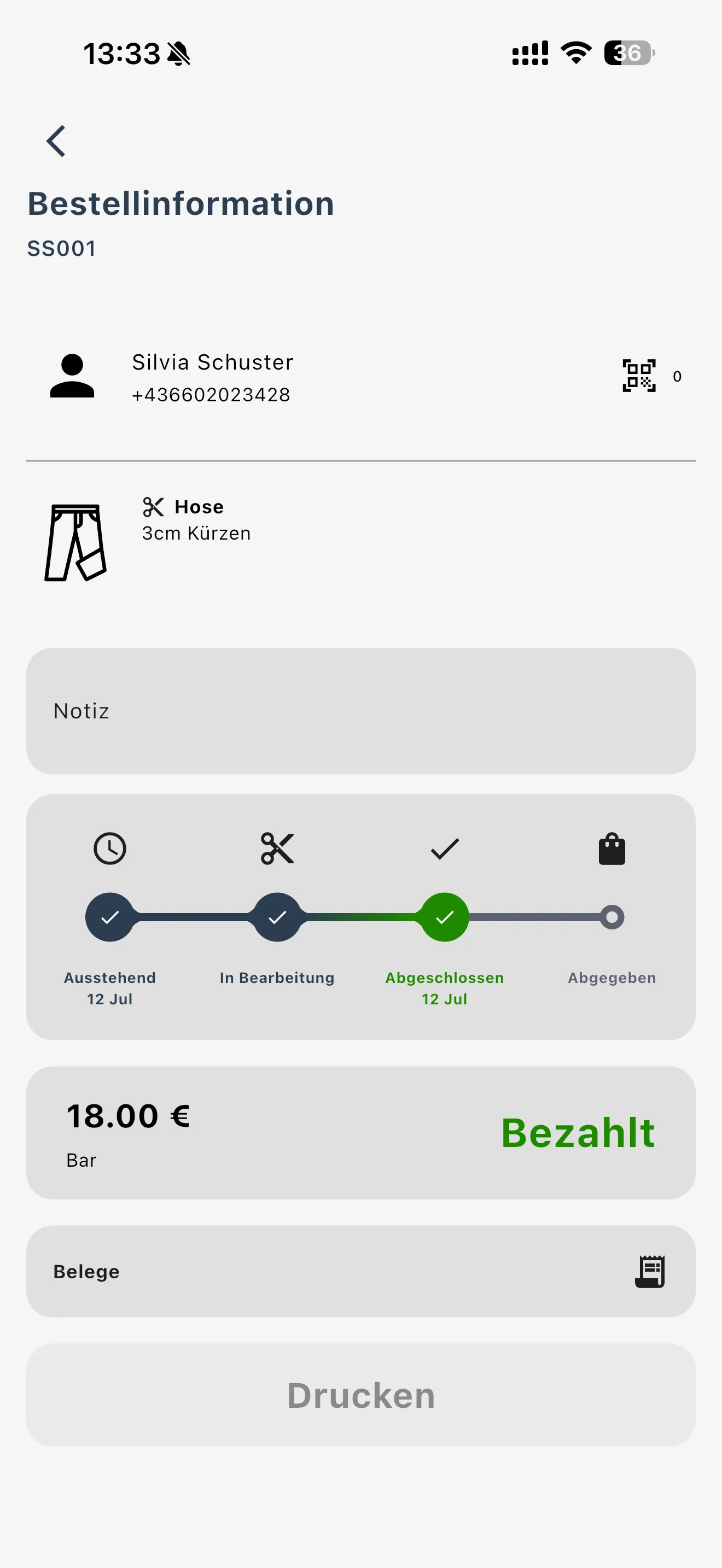 Sastre-Auftragsansicht am Handy: Hose kürzen, Status abgeschlossen, 18 Euro bar bezahlt